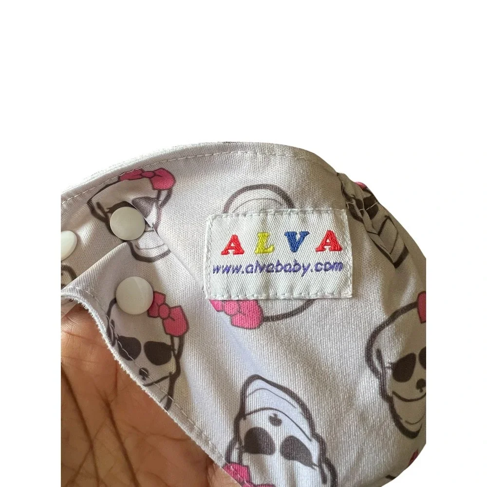 Alva Baby Reusable Pocket Cloth Diaper - White Skull Pink Bow with Gray Liner